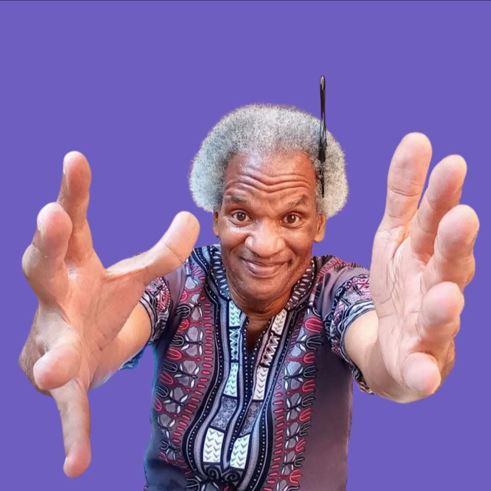 Eugene Snowden on reach out toward the camera on a purple background