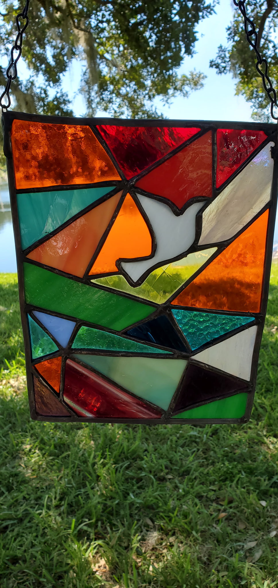 Rainbow Stained Glass with Dove in Sky