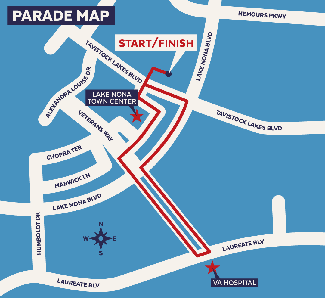 Map showing the 2026 Veterans Day Parade route in Lake Nona. The route starts and ends at the Lake Nona Town Center, traveling along Tavistock Lakes Boulevard, Veterans Way, Lake Nona Boulevard, and Laureate Boulevard, passing the VA Hospital before looping back.