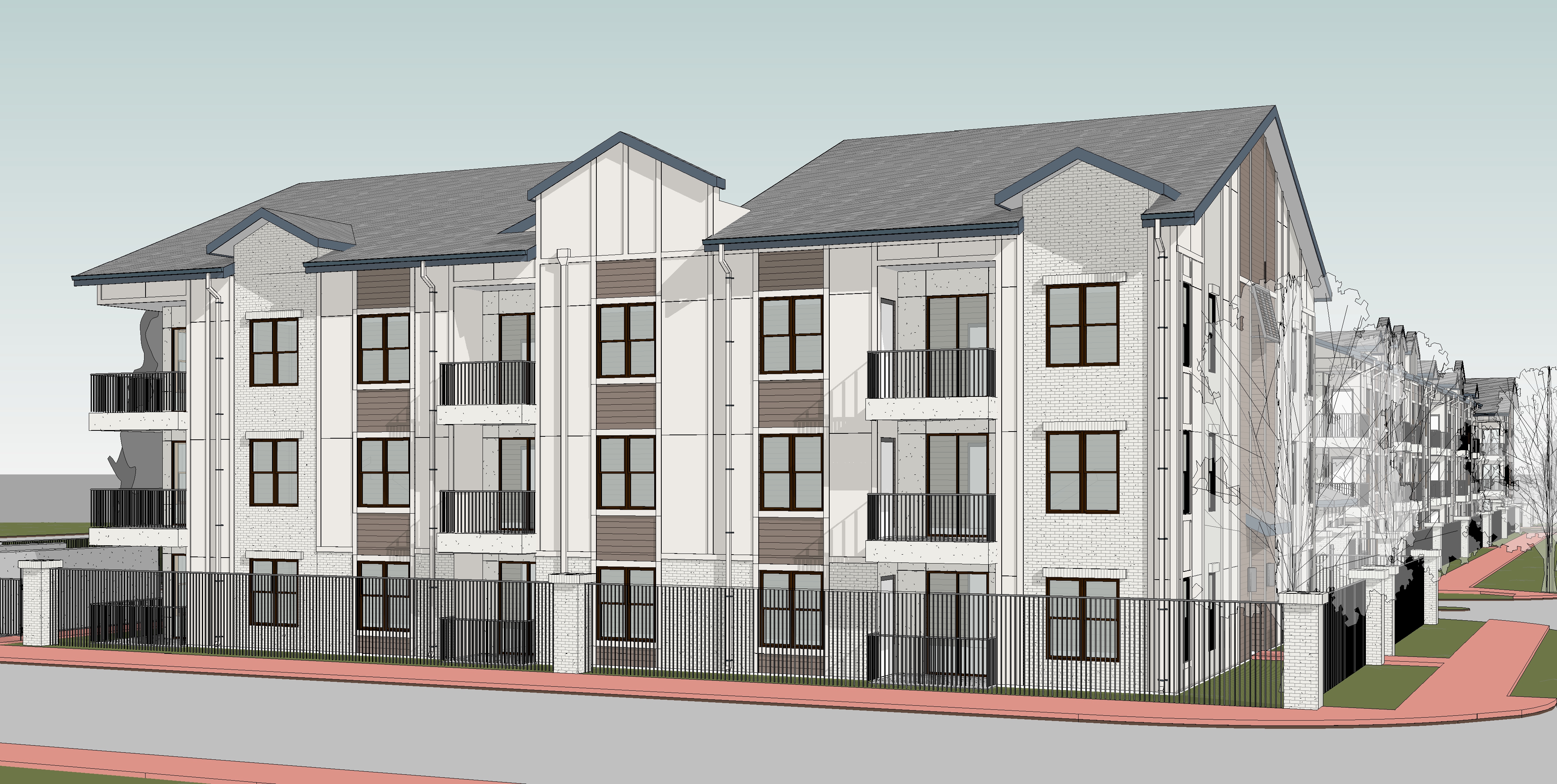 Rendering of Piedmont Yard Apartments showing a 3-story apartment building with a fence along Parramore Avenue
