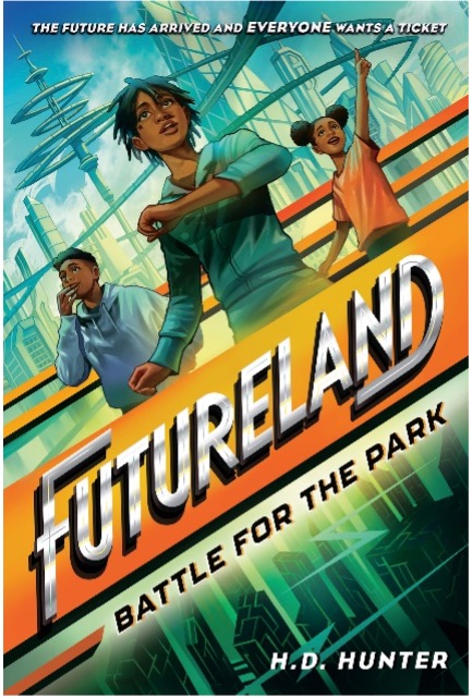Children's Book Cover with 3 teens in a front of a futuristic skyline