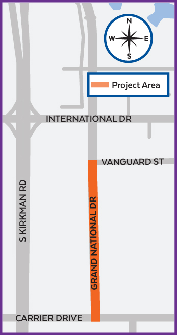 Map of the Grand National Drive Phase 2A project location. The project area is highlighted in orange along Grand National Drive between Carrier Drive and Vanguard Street. International Drive is shown just north of the project, and South Kirkman Road is shown west of the corridor. A legend identifies the orange highlight as the project area, and a compass indicates the direction.