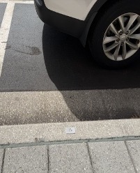 A close-up of a car tire parked in a marked on-street parking space, with a small metal tag embedded in the curb.