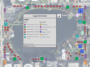 Example site map of a large event around Lake Eola Park showing tents, food and retail vendors, volunteer stations, beer gardens, stages, portable restrooms, generators, EMS areas, trash cans, fences and barricades along Robinson Street, Rosalind Avenue, Eola Drive and Central Boulevard, with a legend listing all symbols.