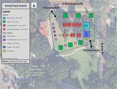 Example site plan for a small park event, showing a fenced event layout at Lake Eola Park East Lawn with entrances on East Washington Street and North Eola Drive. Inside are labeled tents for beer, vendors, a stage, generator, restrooms, and trash cans, matching the legend.