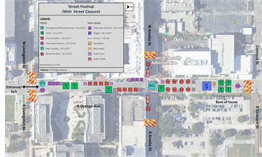 Example site plan for a street festival with multiple street closures, showing activations along Orange Avenue from Concord to Livingston. Inside the event footprint are a stage, tents, food vendors, volunteer stations, a fenced beer garden, generator, trash cans, and food trucks. Barricades mark all closed side streets.