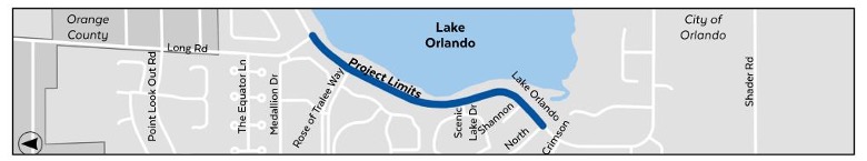 Map showing the project limits highlighted in blue along the shoreline of Lake Orlando, extending between Rose of Tralee Way on the west and North Orange Blossom Trail on the east. 