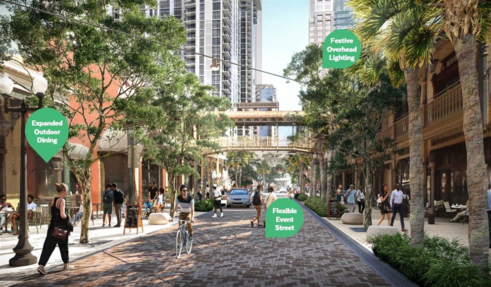 chruch street showcasing the improvements being made such as the lighting, outdoor dinging space, flexible street space