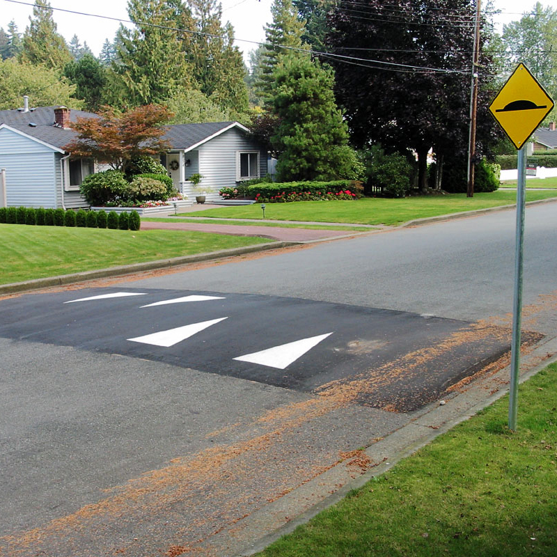 A photo of a speed hump on a residential street.
